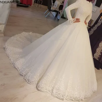 2021 Bijele Muslimanske Vjenčanice Princeza Visoka Vrat S Dugim Rukavima Čipka Aplicirano Vjenčanica Ogrtač De Mariage