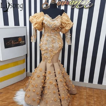 Afrička zlatna Sirena večernje haljine ručne izrade 3D cvijeće s otvorenim ramenima 3/4 dugi rukavi konačni haljina plus size žene večernje haljine