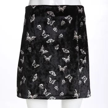 Vintage Butterflies Print Women Skirt High Waist Soft Prelomi Velvet Skirt 2019 Black Side Split A Line Skirt Ženska Kratka Suknja