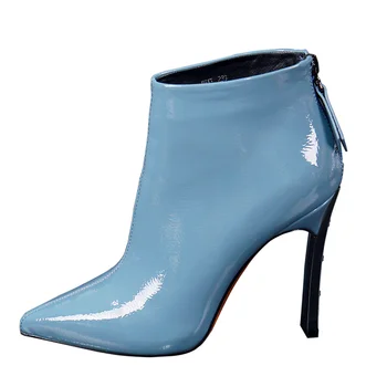 2020 šiljat čarapa čizme na visoku petu žena debela peta lakirane kože čizme ženska zimska obuća stražnji zatvarač crna bež plava