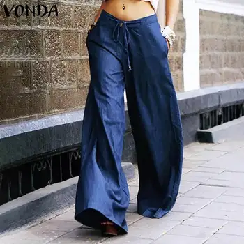Slobodan hlače s visokim strukom VONDA Women 2021 Proljeće čvrste, široke hlače svakodnevne ženske traper hlače stare džepove Pantalon S-5XL