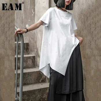 [EAM] Women White Black Irregular Split Bit Size T-shirt New Round Neck Short Sleeve Fashion Tide proljeće ljeto 2021 1W637