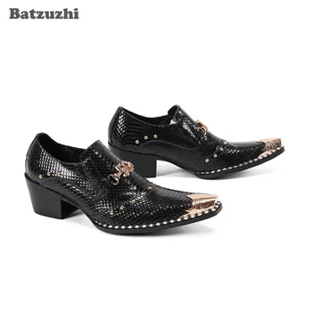 Batzuzhi luksuzne muške kožne cipele ručne izrade s oštrim metalnim vrhom crne cipele od prave kože muške poslovne cipele na visoku petu 6,5 cm