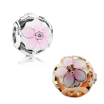2 boje Magnolija u Cvatu, roza cvijet boja perle za privjesci, narukvice srebro 925 originalni DIY Šarm perle za izradu nakita