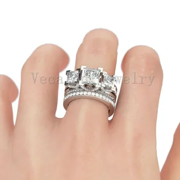 Vecalon Jewelry zaručnički prsten Princess cut Three-stone AAAAA Cirkon Cz 925 sterling srebra zaručnički prsten za žene
