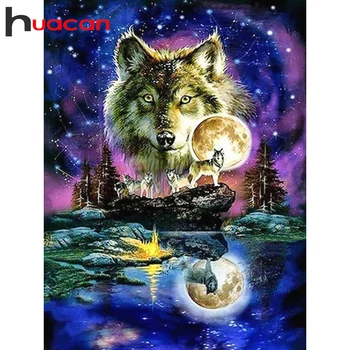 Huacan 5D Diy Diamond Painting Wolf Starry Sky Home Art Diamond Embroidery Moon Mosaic Decoration For Home