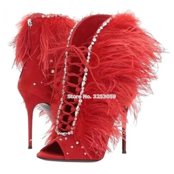 ALMUDENA žene slatki Bling Bling Crystal pero čizme klinac štikle pink crvena vanjski čarapa perlama ukrašena cipele za vjenčanje