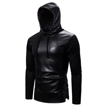 2019 nove muške PU hoodies veste muški Slim Fit umjetna koža hoodies kaput crne majice s kapuljačom pulover S-2XL
