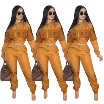 Pismo tiskanih hlače kostim žene 2020 jesen nova moda šarenilo s kapuljačom munja top & čvrste Drawstring hlače od dva dijela set