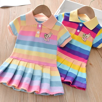 Djeca djevojke Duga prugasta haljina Ljeto kratkih rukava Sport zec tiskanih haljina casual odjeća za djevojčice 2-6 godina SS