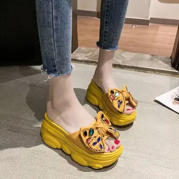Xiaying osmijeh luk papuče ženska ljetna moda 2020 novi kolač debelim dnom super visoku petu sandale