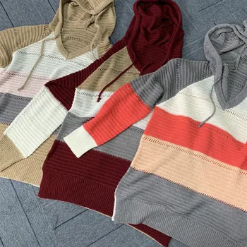 Jesen je novi pletene džemper sa kapuljačom Ženska odjeća dugih rukava free Mode boja vezica prugasta pletene pulover