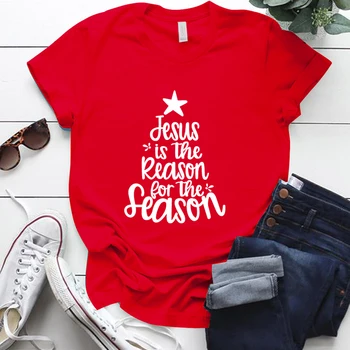 Jesus Is The Reason for The Season Printing Christmas T Shirts Women Short Sleeve Loose Neck Woman Summer Tshirts Tops Tee