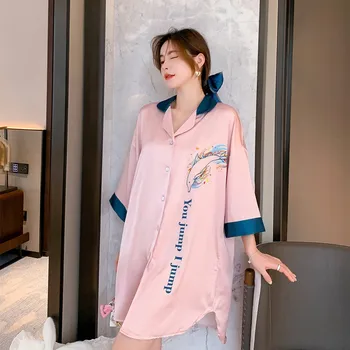 Novi led tanak spavaćice košulja нагрудные haljina ženska imitacija svilene pidžame slobodni veliki kratkih rukava kućna odjeća