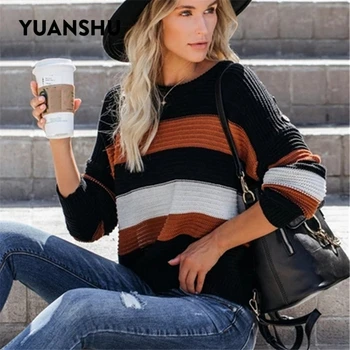 YUANSHU povući Femme svakodnevni narančasta prugasti džemper žene tople pletene pulover Jesen Zima slobodne dame vrhovima ženski kardigan