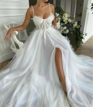 Plaža vjenčanica grašak Seksi Slit Boho Bride Dress 2021 Spaghetty Straps Princess Wedding Party Dresses with Sashes