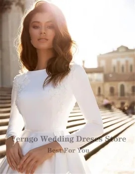 Verngo A-line vjenčanicu boje slonovače satin vjenčanica elegantan djeveruša haljina dugih rukava Abito Da Sposa 2020
