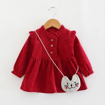Baby Girls Print Long Sleeve Dress Kids Toddler Сарафан Mačka S Torbom Crvena Ružičasta Ljubičasta Clothes