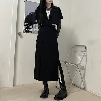 InsDoit Harajuku Black Goth Suknja Ulični Punk Veliki Džep Duge Suknje S Visokim Strukom Žene Stare High Street Sakoi I Suknje