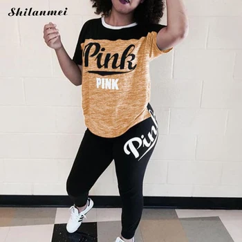 Pink ispis ženske odjeće kratki rukav majice i duge hlače 2 kom. skup fitness plus veličina XXXL ženske ljetnih odijela
