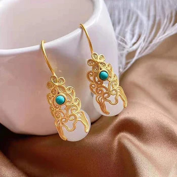 Novi srebrni umetnut prirodne Хотанские žada tirkizno viseće naušnice kineski klasični nacionalni stil elegantne ženske marke nakit