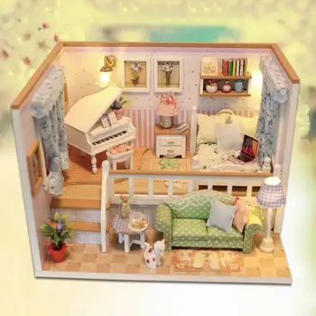 3D DIY minijaturni lutkine elegantan komplet sa namještajem, LED model drvene rukotvorine ručni rad Kuća rođendanski poklon igračke za djecu