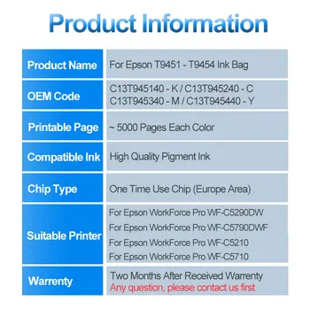 T9451 XL T9451-T9454 reticularis torbu tinte s čipom za Epson WorkForce Pro WF-C5290 WF-C5790 WF-C5210 WF-C5710 pisač T9451XL