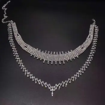 Moda hot prodaja dvostruki niz temperament žena višeslojne ključne kosti ogrlica je sjajna Crystal kićanka kratko ogrlica