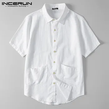 INCERUN pamuk muškarci jednobojnu košulju marke kratki rukav džepovi 2021 Harajuku Camisa нагрудные ulica besplatne majice vrhunske kvalitete
