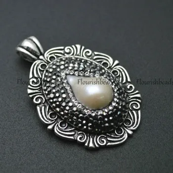 Crni kristali i prirodno bijeli biseri instalacija metalni cvijet tag privjesak Modni nakit