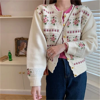 Berba žakard ženske Dres Japanski stil Kawai cvijeće džemper dugih rukava prevelike kratke Кариганы sve Utakmicu dres YYQ6