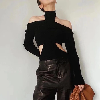 TWOTWINSTYLE seksi crni džemper za žene Udarac stimuliranje ular vrat dugi rukav tanki pleteni puloveri ženski moda nova odjeća 2020