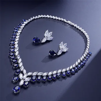 RAKOL Nigeria Svadba svadbeni nakit kit za žene AAA kubni Cirkon kapi vode plavi Kristal ogrlica i naušnice božićni pokloni