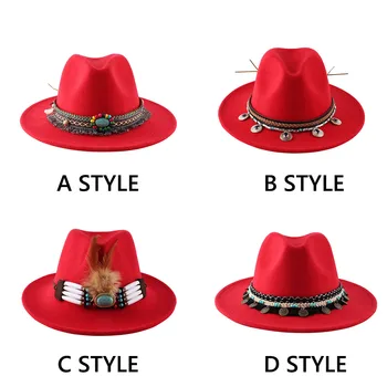 2020 New Men Women Wide Brim Wool Felt Fedora Panama Hat with Pojas Buckle Jazz Trilby Cap Party Formalno Top Hat In RED,black