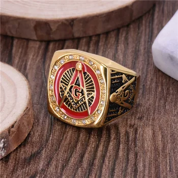 AG nehrđajućeg čelika velike prsten za muškarce mason масонство crveni retro muški prsten masonski Vintange gospodo prstena zlatna boja Anillos Bague