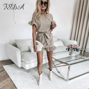 FSDA 2020 Summer Ruffles Casual Dress Women With Pojas A Line White Seksi Short Sleeve Party Clothes Khaki Mini elegantne haljine