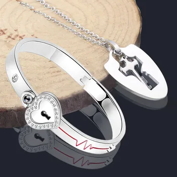 MIDY Love Heart Lock Key Couple ogrlica set 100 jezika I Love You Projekcija narukvice od nehrđajućeg čelika ljubitelji memorije nakit
