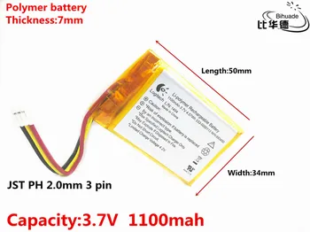 JST PH 2.0 mm 3 pin Liter energy baterija 3.7 V,1100mAH,703450 polymer li-ion / li-ion baterija za igračke,POWER BANK,GPS,mp3,mp4