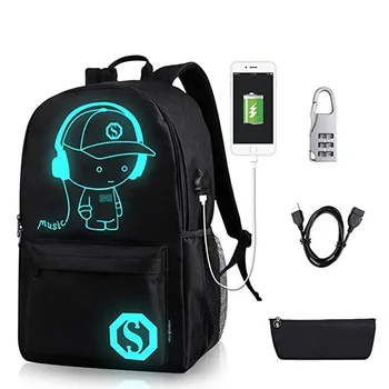 Novi student torbu škole ruksak anime lampica za dječake, djevojčice Daypack višenamjenski USB port za punjenje i zaključavanje torbu škole crna
