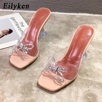 Eilyken ženske papuče 2021 PVC prozirno visoku petu seksi kvadratnom čarapa moda gorski kristal leptir Vjenčanje college cipele i papuče