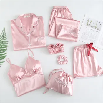 Proljeće je nova moda kućna odjeća seksi svilu komplet od 7 komada jesen kratke hlače пижама spavanje odijelo djevojka pink пижама satin пижама ženska