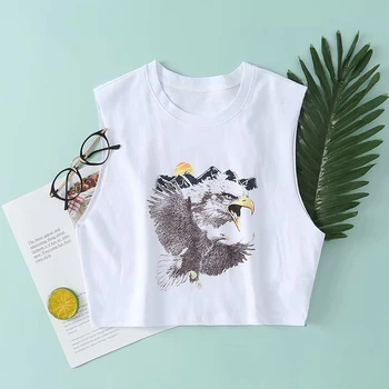 Vintage Eagle Graphic Crop Top Women New White Print Cotton Sleeveless Tank Tees Summer Casual Chic 2020 Clothes Majica Blusas