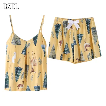 BZEL 2019 ljeto sling dame pidžama hlače bez rukava pidžama V-neck, pamučne spavaćice crtani film plus size pidžame spavaćice