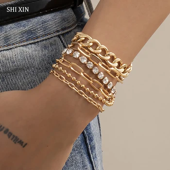 SHIXIN 6 kom debela veza lanca Bling gorski kristal narukvice set za žene moda Crystal male perle, narukvice, ručni lanac nakit