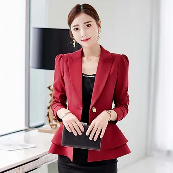 Slim OL Blazer Suit 2019 Solid Long Sleeve Ruffle Hem Jacket Coats Female One Button Blazer Tops WDC1895