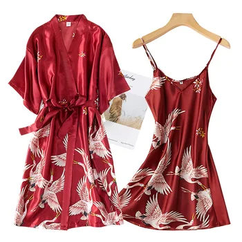 Tamnocrvena ženski 2 komada umjetna svila kimono ogrtač ogrtač setovi seksi print dizalica spavaćica i ogrtač donje rublje spavaćica ljetnim pidžama