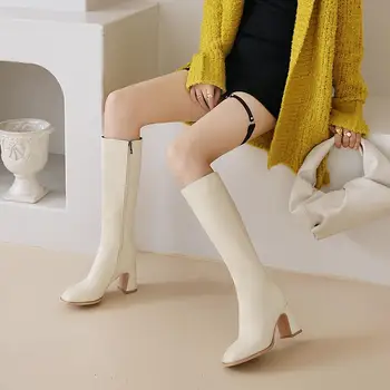 2020 Novi Kvadratnom Čarapa Potkove Peta Mikrovlakana Čizme Do Koljena Patentni Zatvarač Bež Moda Debela Peta Cipele Prevelike Čizme