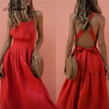 Žene Ljeto Boho Strappy Long Maxi Dress Seksi Backless Party Red Dress Plaža Odjeća Сарафан