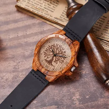 Prirodno drvo, Drveni satovi kvarcni muški ručni sat od prave kože Life Tree Design Fashion Man Gifts Clock Relogio Masculino