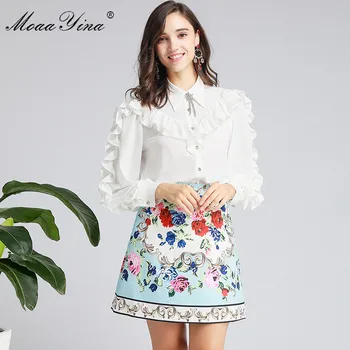 MoaaYina moderan dizajn odijelo proljeće i jesen žene ukrašen dugi rukav polo majice+cvjetni print kratka suknja elegantan set od dva komada